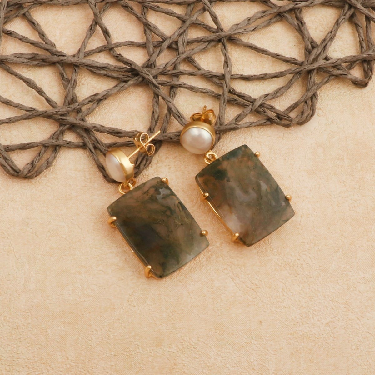 Moss Agate Dangle Earrings, Gold Plated Prong Set Jewelry 5124