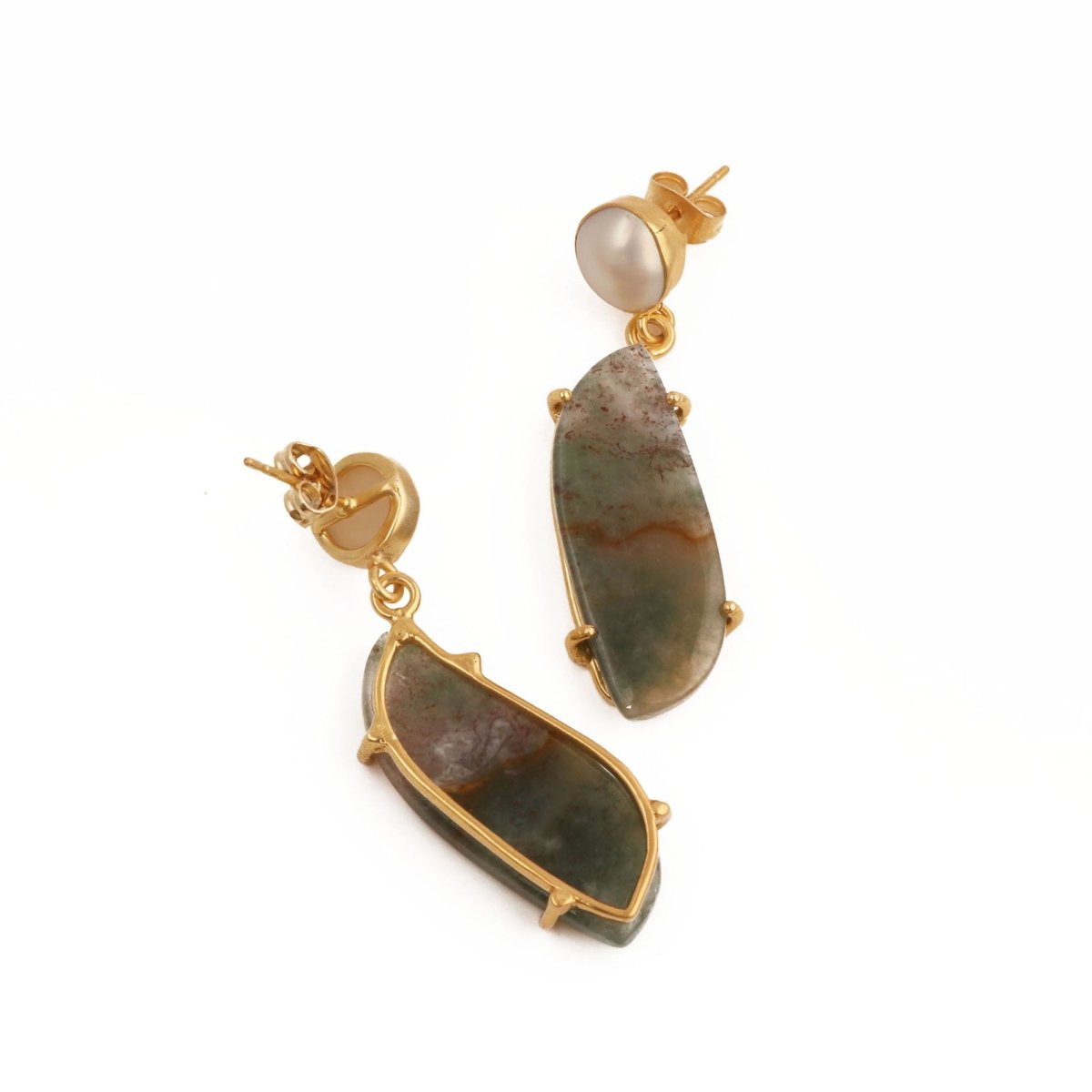 Moss Agate Dangle Earrings, Gold Plated Prong Set Jewelry 5124