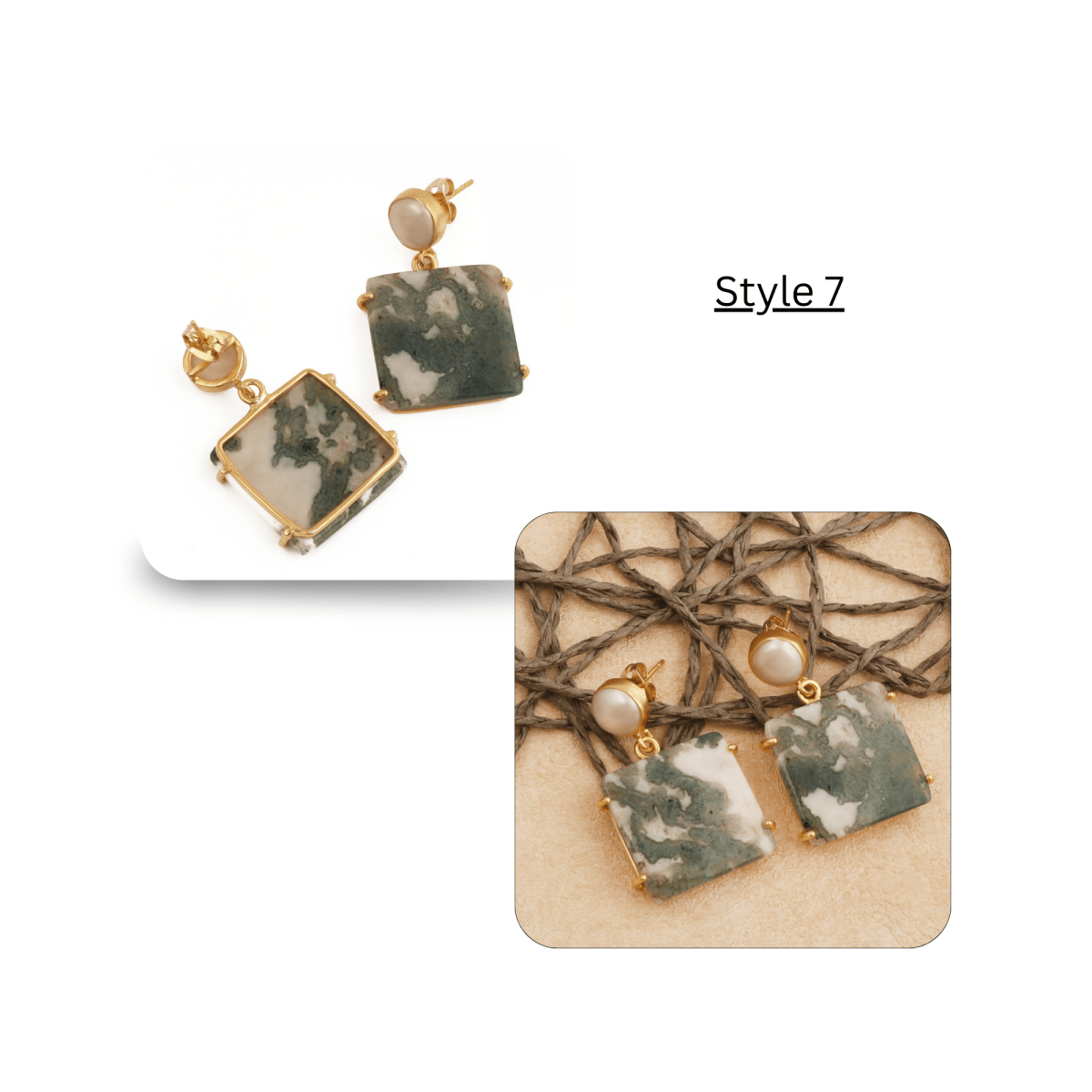 Moss Agate Dangle Earrings, Gold Plated Prong Set Jewelry 5124