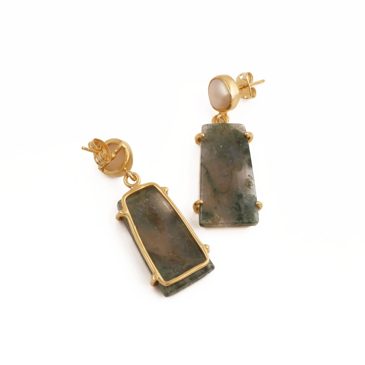 Moss Agate Dangle Earrings, Gold Plated Prong Set Jewelry 5124