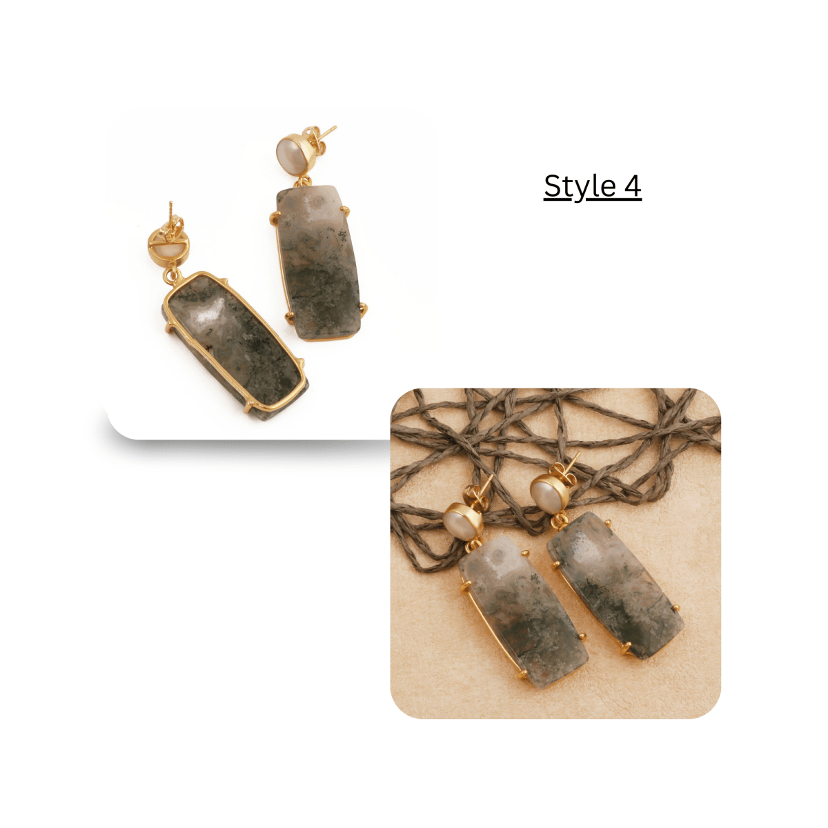 Moss Agate Dangle Earrings, Gold Plated Prong Set Jewelry 5124