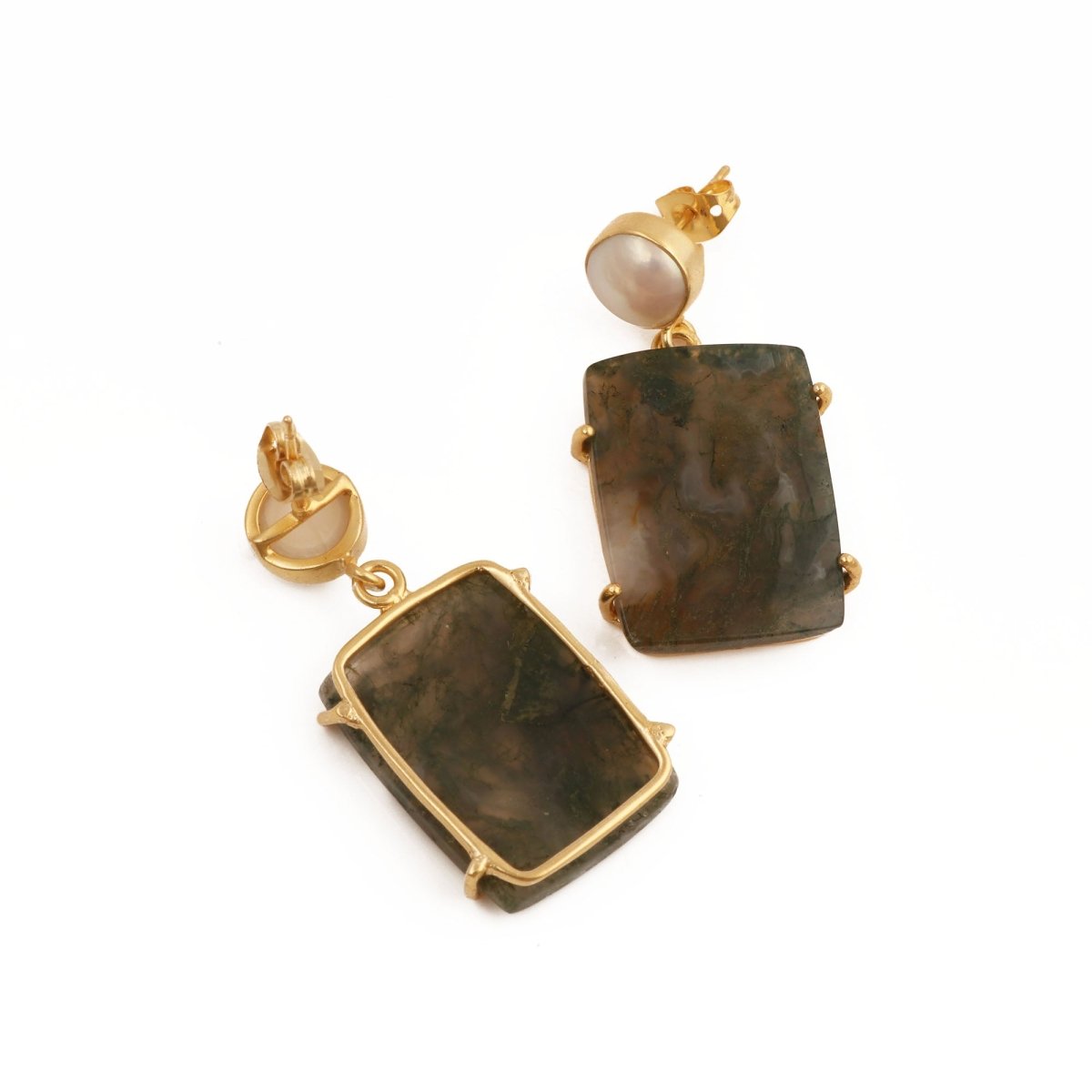 Moss Agate Dangle Earrings, Gold Plated Prong Set Jewelry 5124