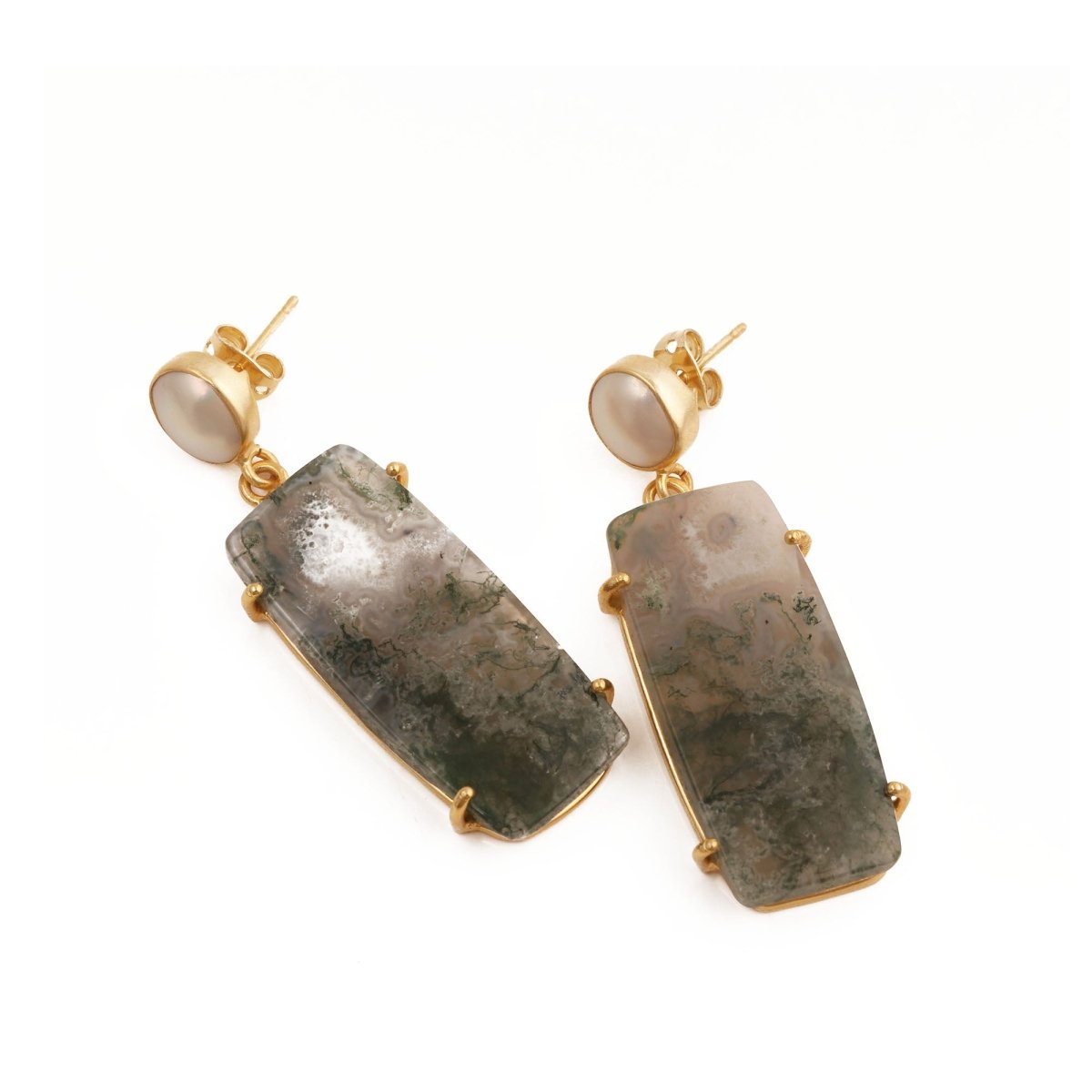 Moss Agate Dangle Earrings, Gold Plated Prong Set Jewelry 5124