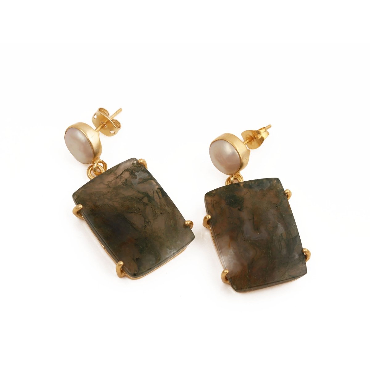 Moss Agate Dangle Earrings, Gold Plated Prong Set Jewelry 5124