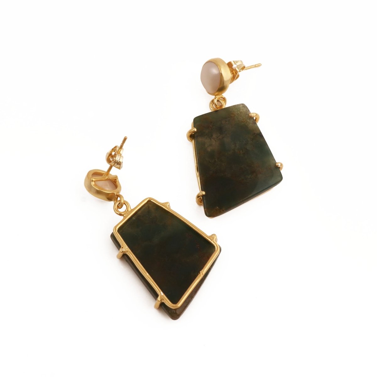 Moss Agate Dangle Earrings, Gold Plated Prong Set Jewelry 5124