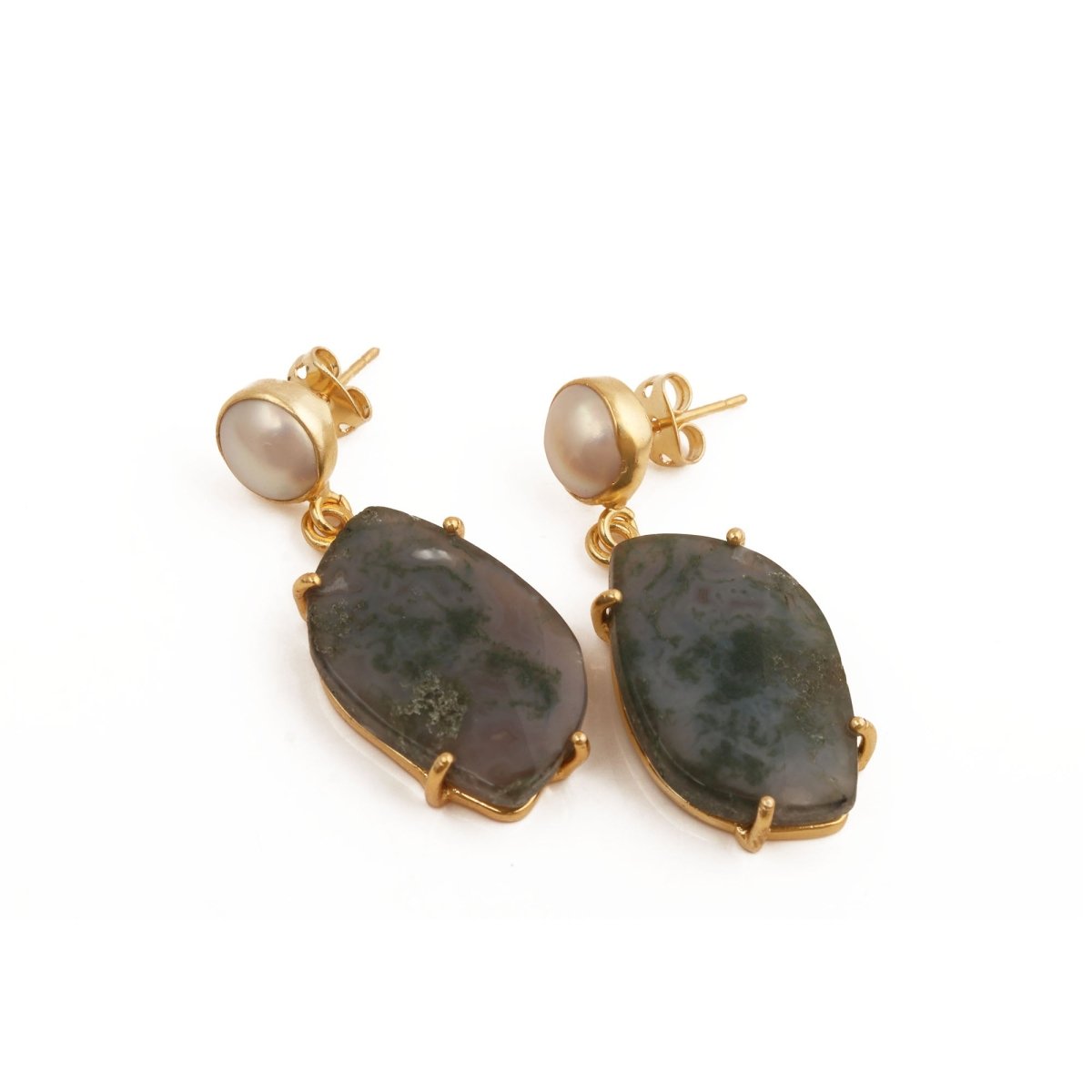 Moss Agate Dangle Earrings, Gold Plated Prong Set Jewelry 5124