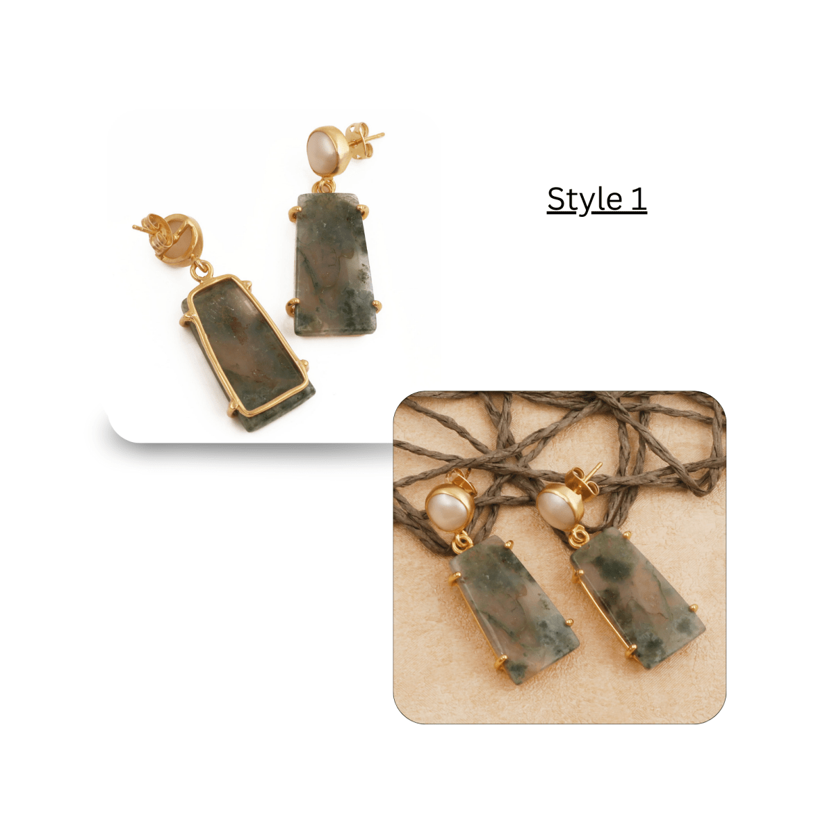 Moss Agate Dangle Earrings, Gold Plated Prong Set Jewelry 5124