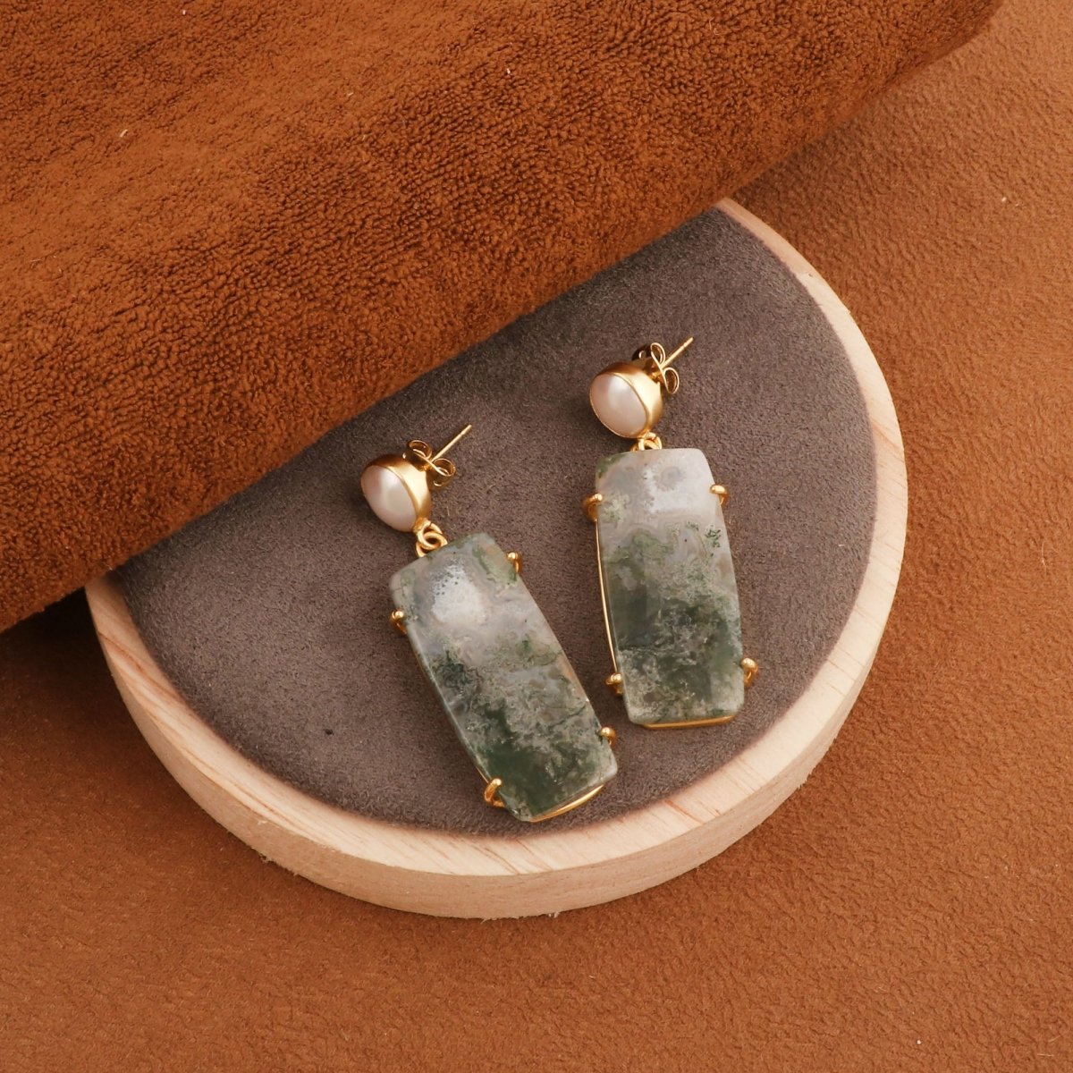 Moss Agate Dangle Earrings, Gold Plated Prong Set Jewelry 5124