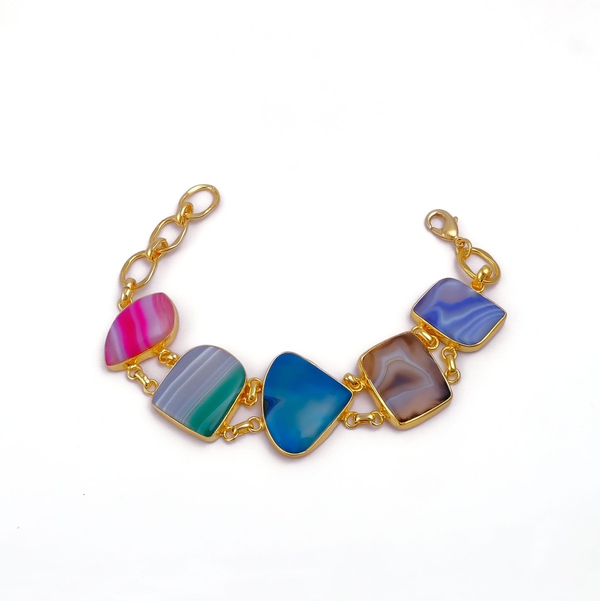 Multi - Color Agate Slice Bracelet, Gold Plated Jewelry, Natural Gemstone Link Bracelet 5266