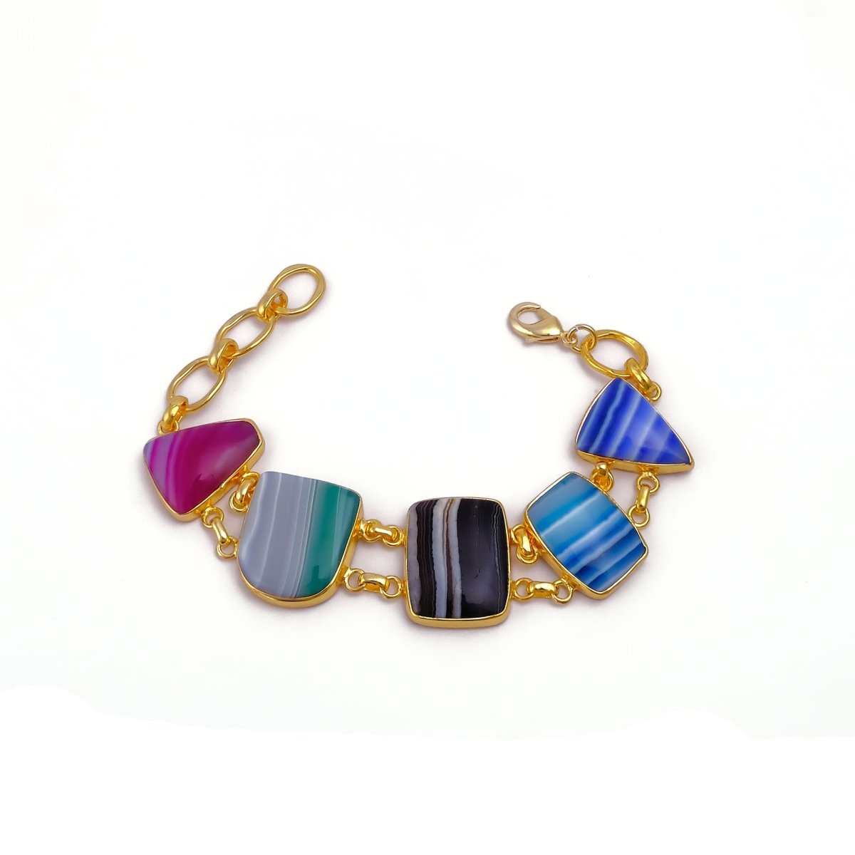 Multi - Color Agate Slice Bracelet, Gold Plated Jewelry, Natural Gemstone Link Bracelet 5266