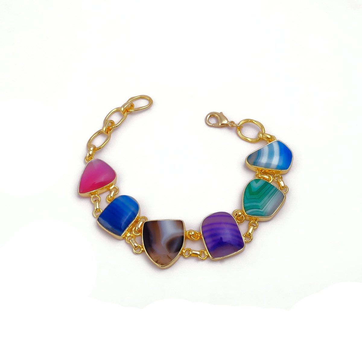 Multi - Color Agate Slice Bracelet, Gold Plated Jewelry, Natural Gemstone Link Bracelet 5266
