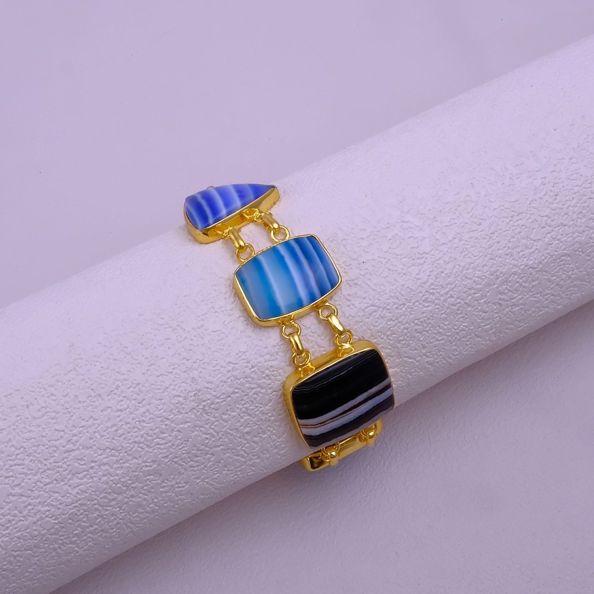 Multi - Color Agate Slice Bracelet, Gold Plated Jewelry, Natural Gemstone Link Bracelet 5266