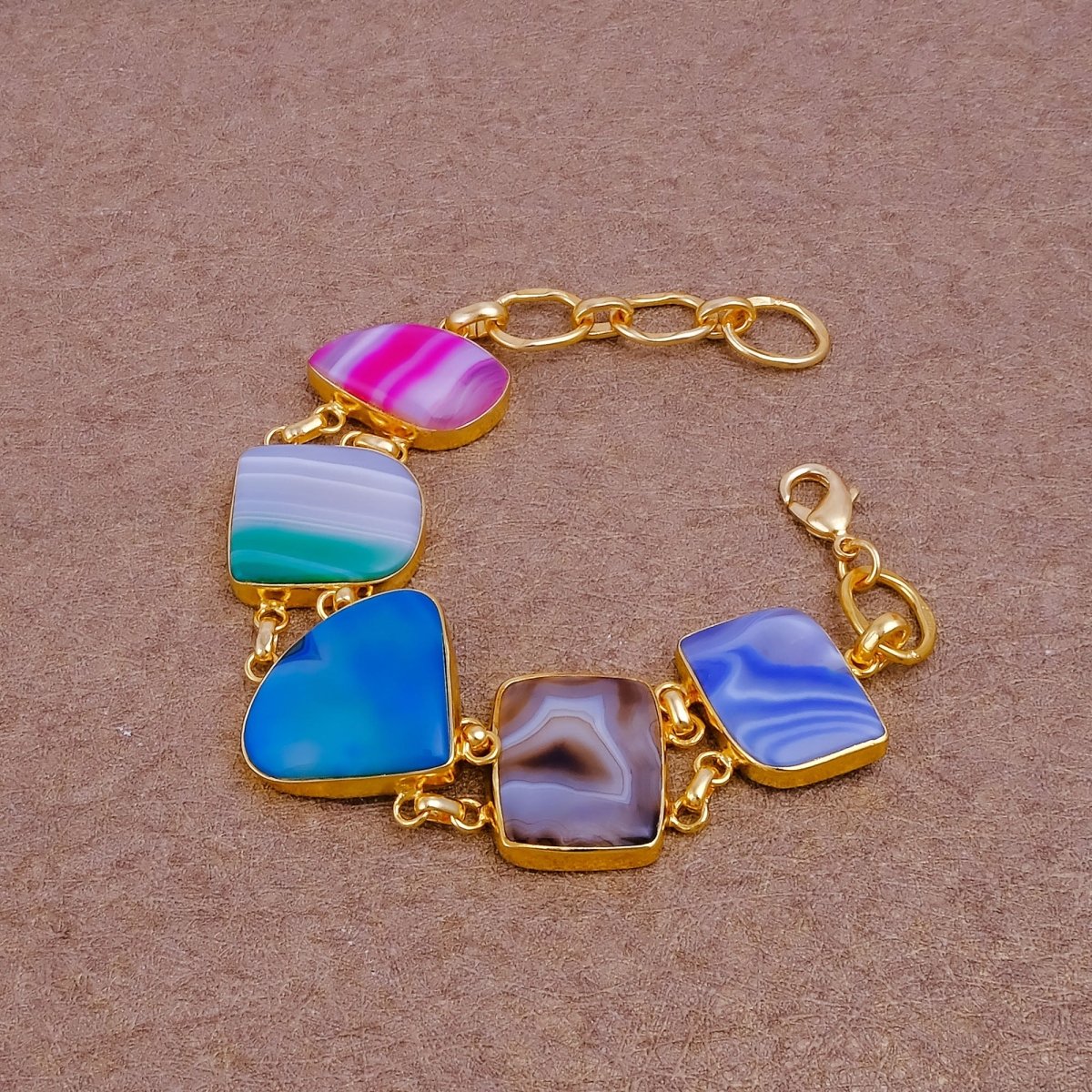 Multi - Color Agate Slice Bracelet, Gold Plated Jewelry, Natural Gemstone Link Bracelet 5266