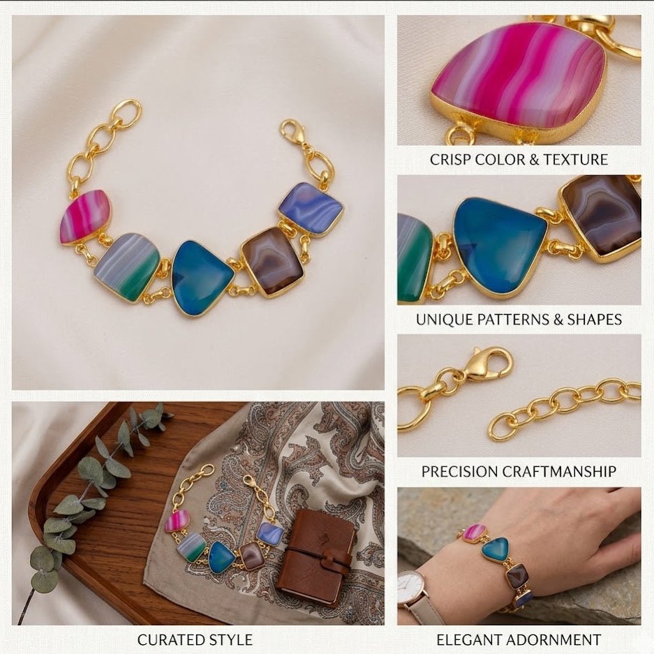 Multi - Color Agate Slice Bracelet, Gold Plated Jewelry, Natural Gemstone Link Bracelet 5266