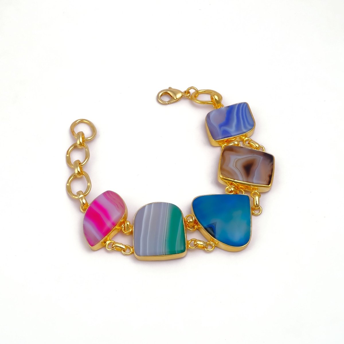 Multi - Color Agate Slice Bracelet, Gold Plated Jewelry, Natural Gemstone Link Bracelet 5266