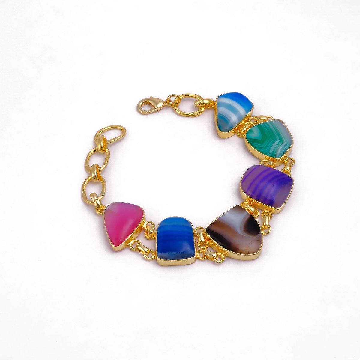 Multi - Color Agate Slice Bracelet, Gold Plated Jewelry, Natural Gemstone Link Bracelet 5266