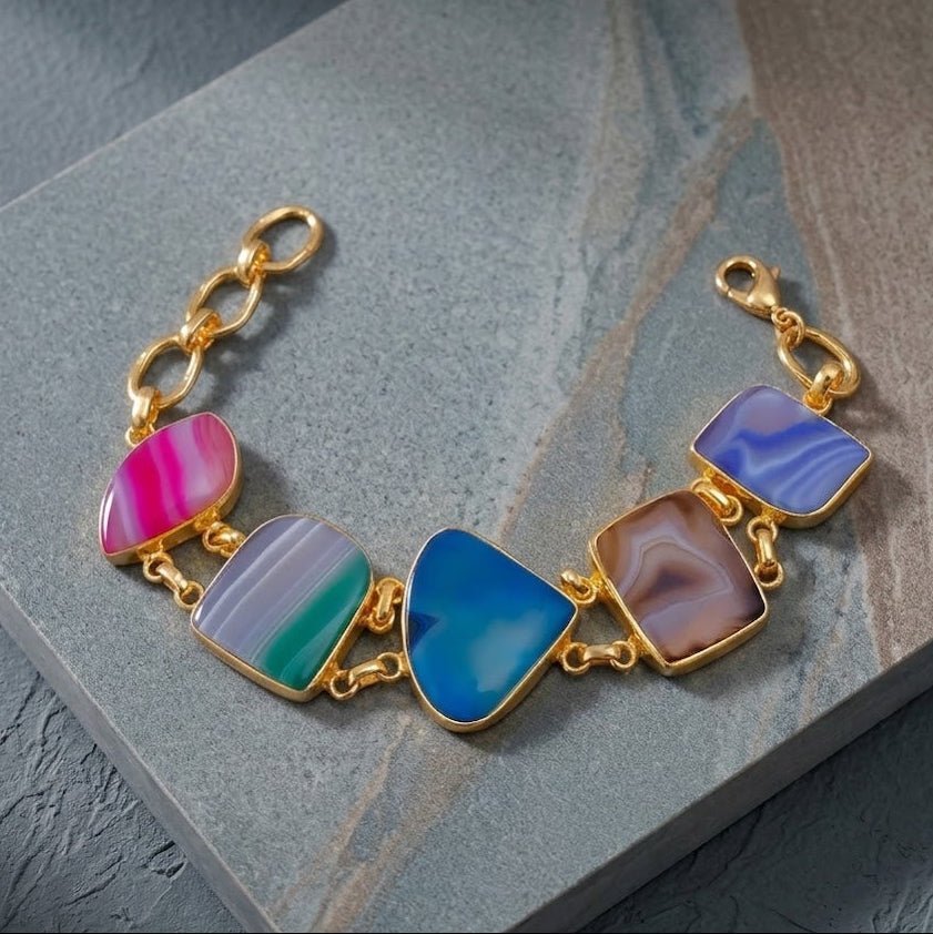 Multi - Color Agate Slice Bracelet, Gold Plated Jewelry, Natural Gemstone Link Bracelet 5266