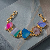 Multi - Color Agate Slice Bracelet, Gold Plated Jewelry, Natural Gemstone Link Bracelet 5266