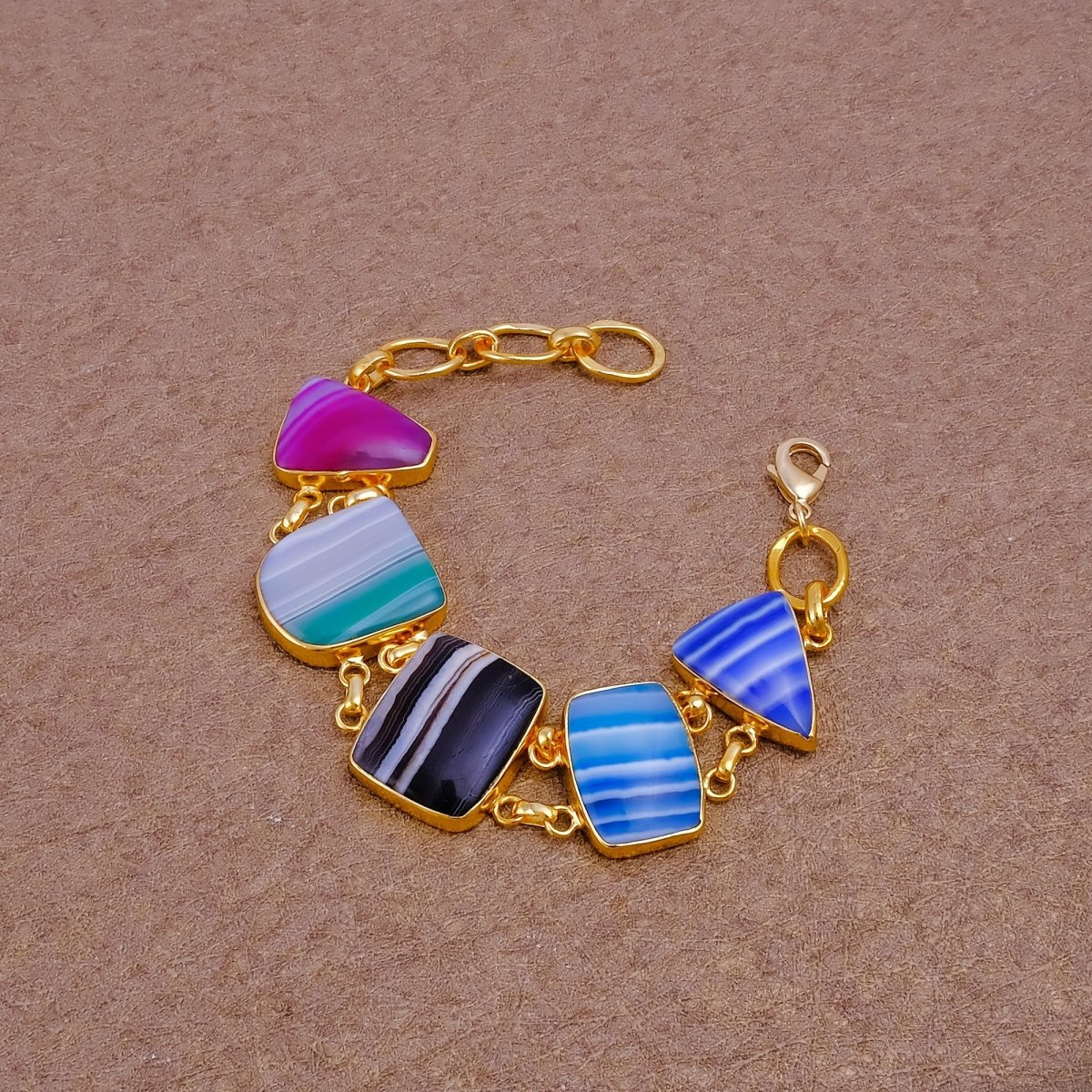 Multi - Color Agate Slice Bracelet, Gold Plated Jewelry, Natural Gemstone Link Bracelet 5266