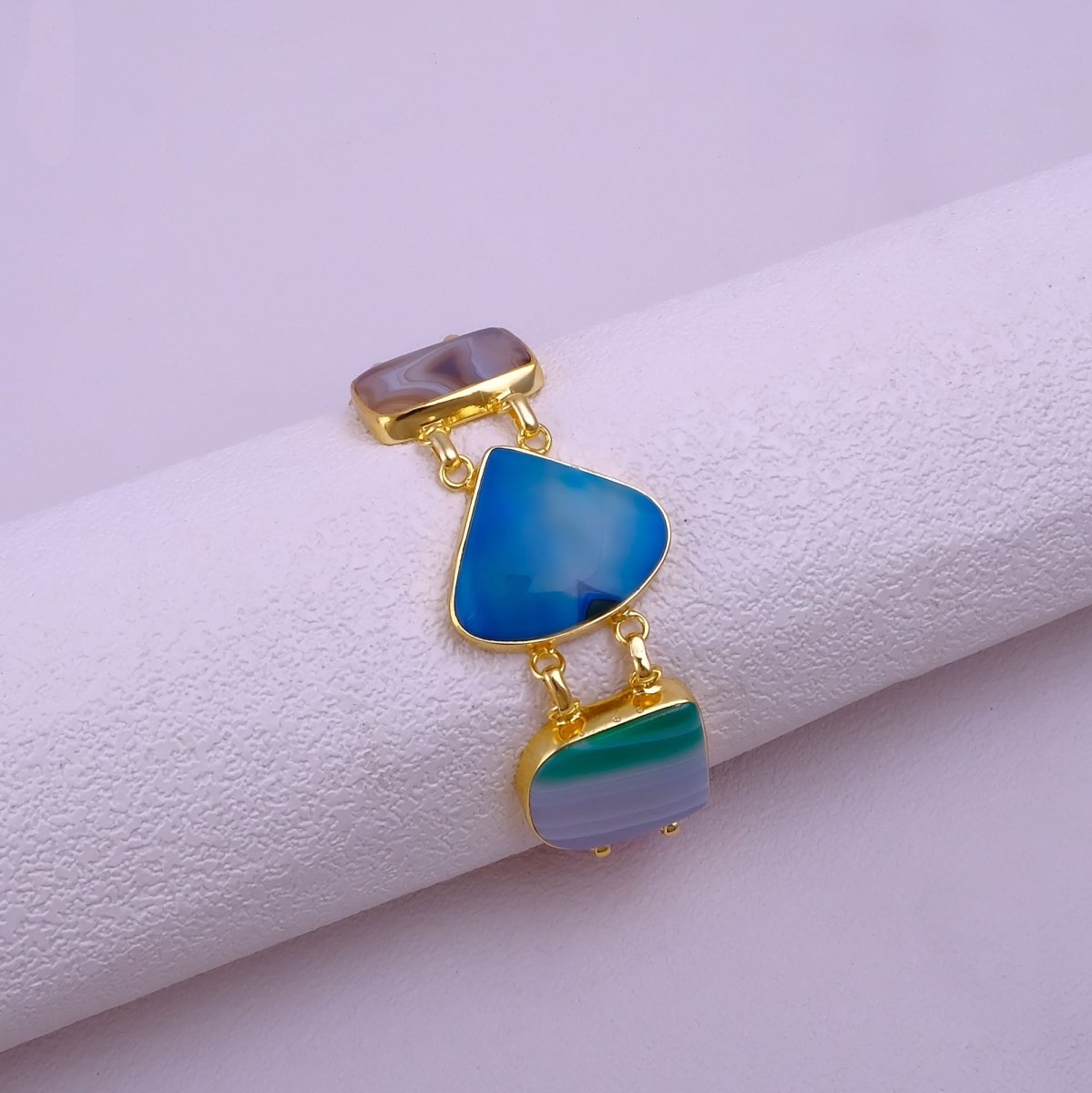 Multi - Color Agate Slice Bracelet, Gold Plated Jewelry, Natural Gemstone Link Bracelet 5266