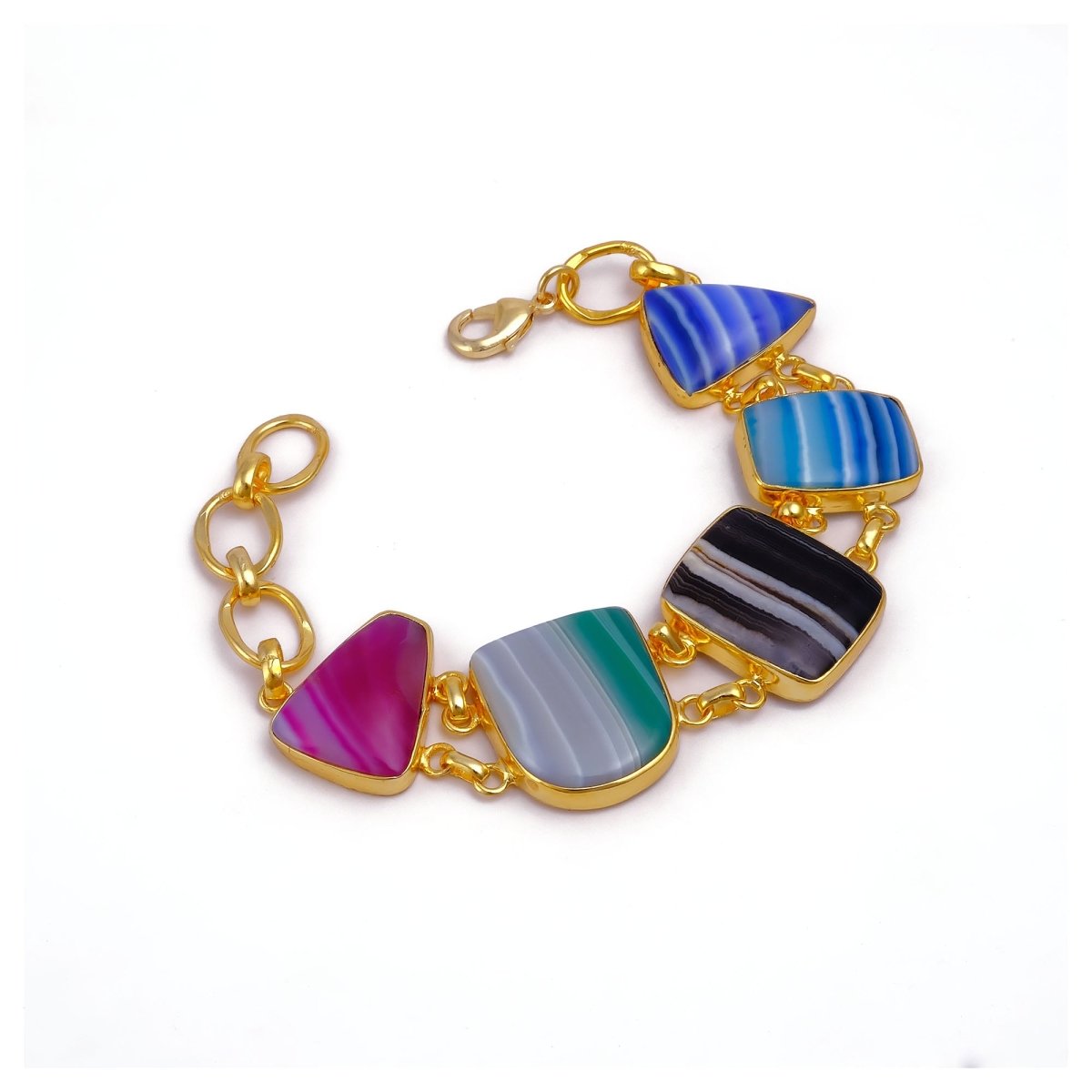 Multi - Color Agate Slice Bracelet, Gold Plated Jewelry, Natural Gemstone Link Bracelet 5266
