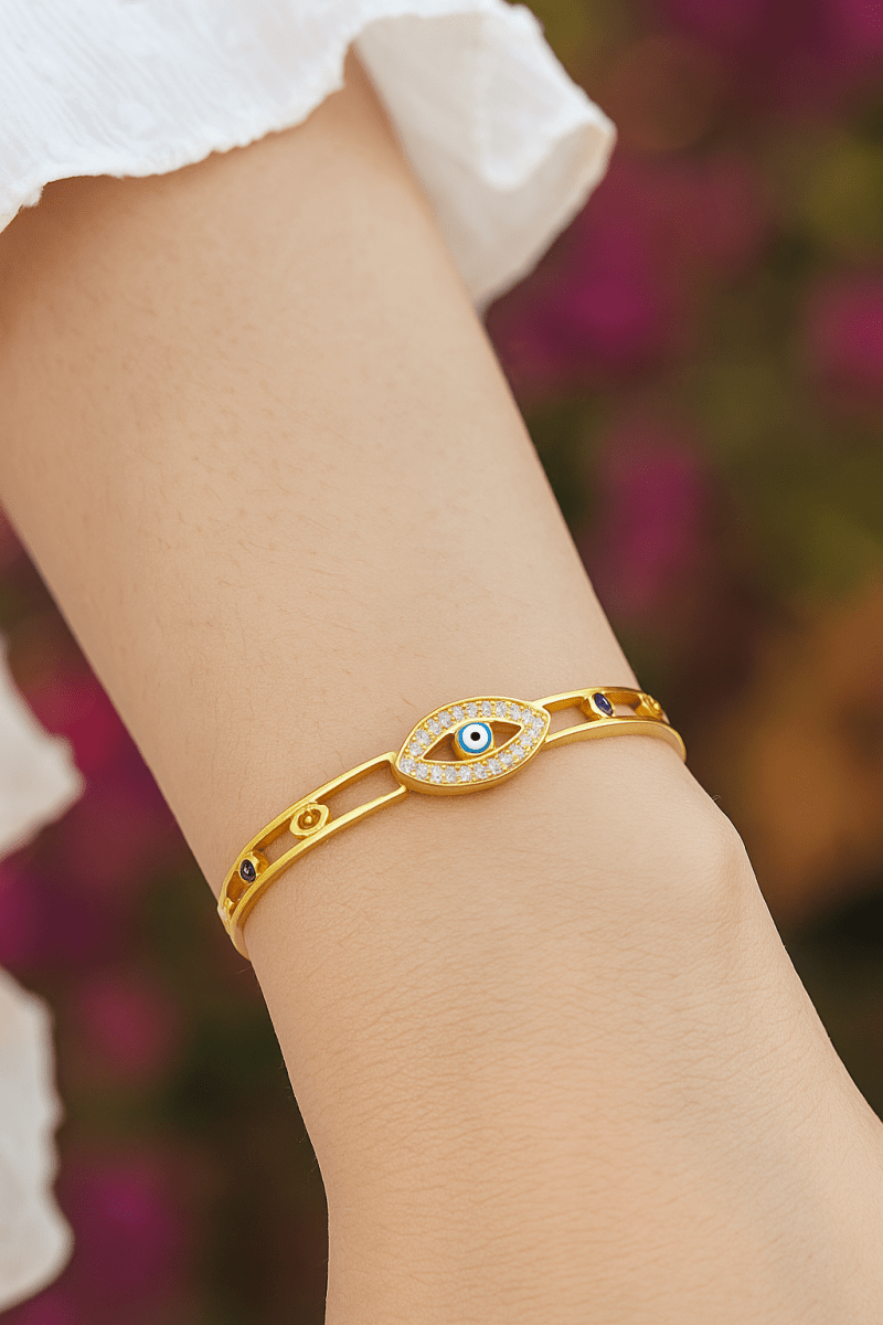 Multi Cubic Zircon Gemstone Bangle Enameled Evil Eye Adjustable Jewelry