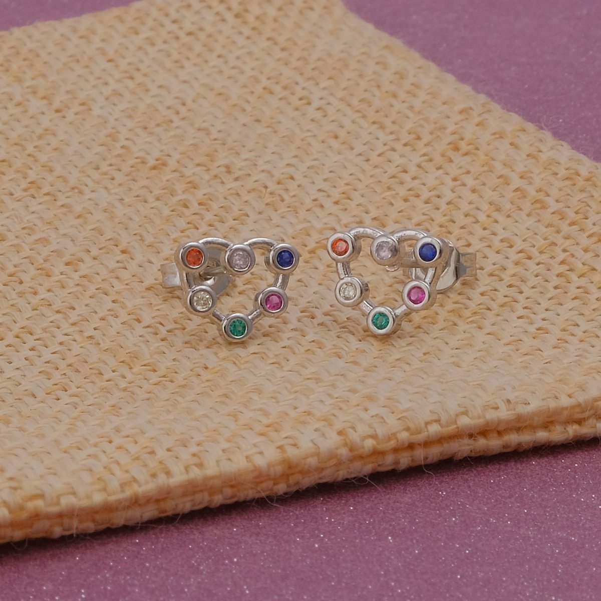 Multi Cubic Zircon Gemstone Stud Earrings Aesthetic Heart Outline Silver Plated Jewelry