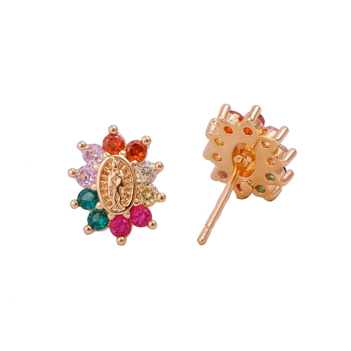 Multi Cubic Zircon Gemstone Stud Earrings Elegant Gold Plated Flower Jewelry