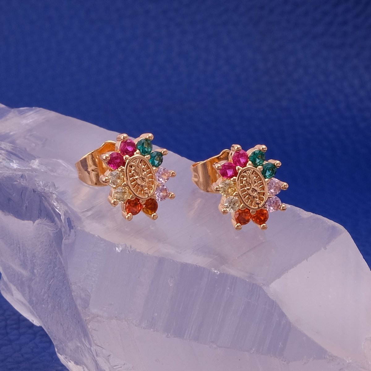 Multi Cubic Zircon Gemstone Stud Earrings Elegant Gold Plated Flower Jewelry