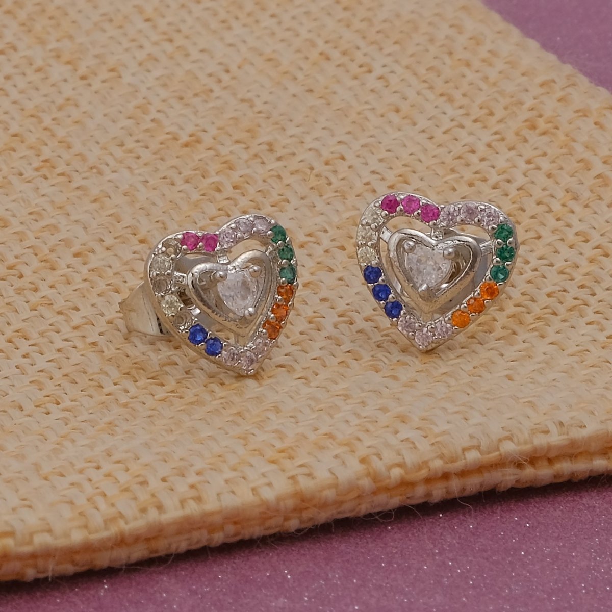 Multi CZ Gemstone Stud Earrings Aesthetic Heart Shape Earrings Silver Plated Jewelry