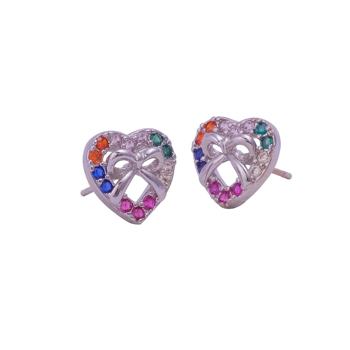 Multi CZ Gemstone Stud Earrings Aesthetic Heart Shape with Bow Earrings Silver Plated Jewelry