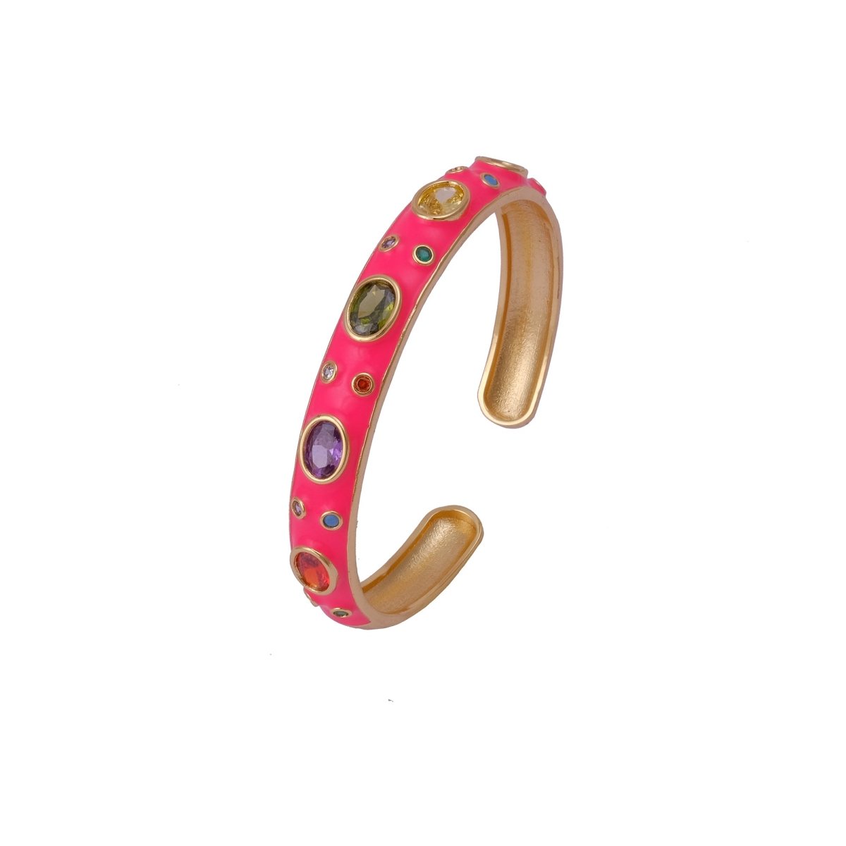 Multi CZ Pink Enamel Bracelet Open Cuff Bracelet Gold Plated Bangle