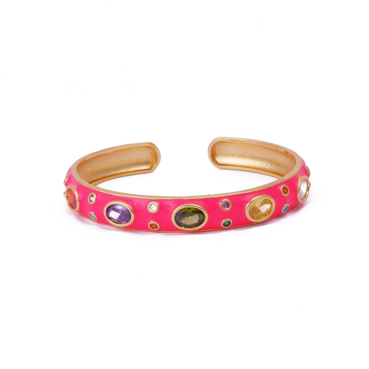 Multi CZ Pink Enamel Bracelet Open Cuff Bracelet Gold Plated Bangle