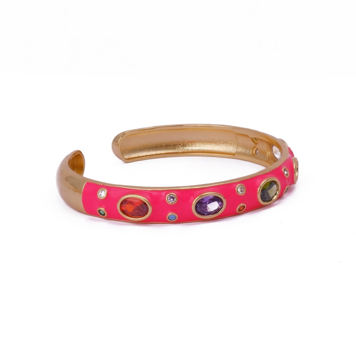 Multi CZ Pink Enamel Bracelet Open Cuff Bracelet Gold Plated Bangle