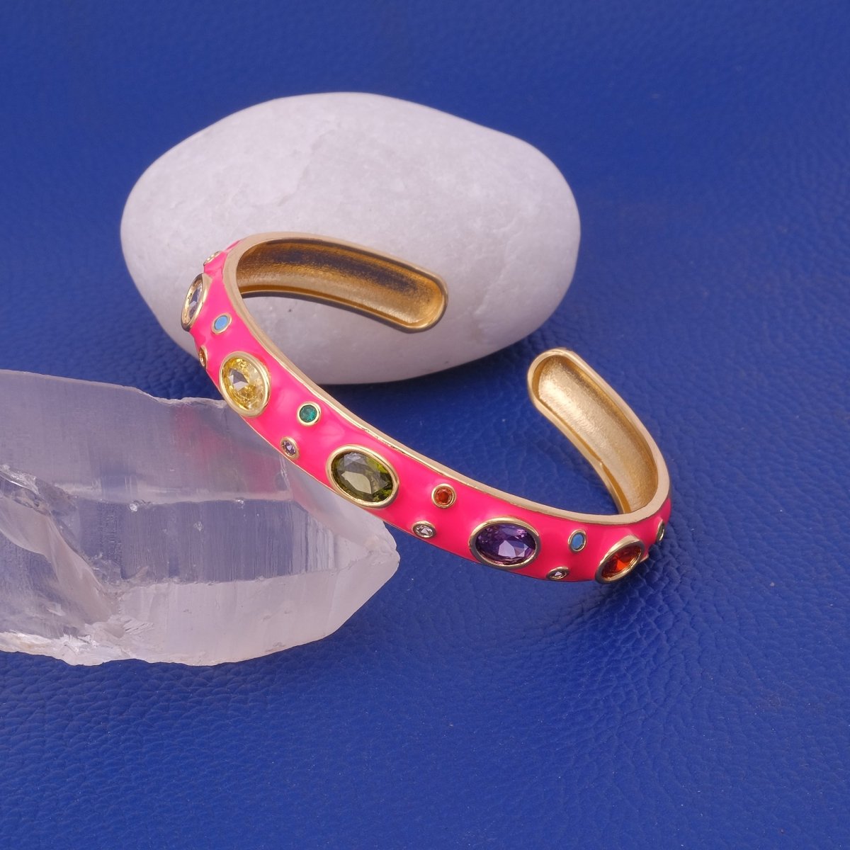 Multi CZ Pink Enamel Bracelet Open Cuff Bracelet Gold Plated Bangle