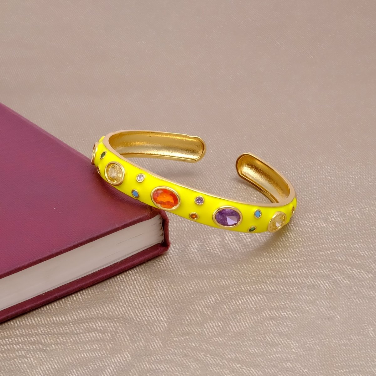 Multi CZ Pink Enamel Bracelet Open Cuff Bracelet Gold Plated Bangle