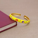 Multi CZ Pink Enamel Bracelet Open Cuff Bracelet Gold Plated Bangle