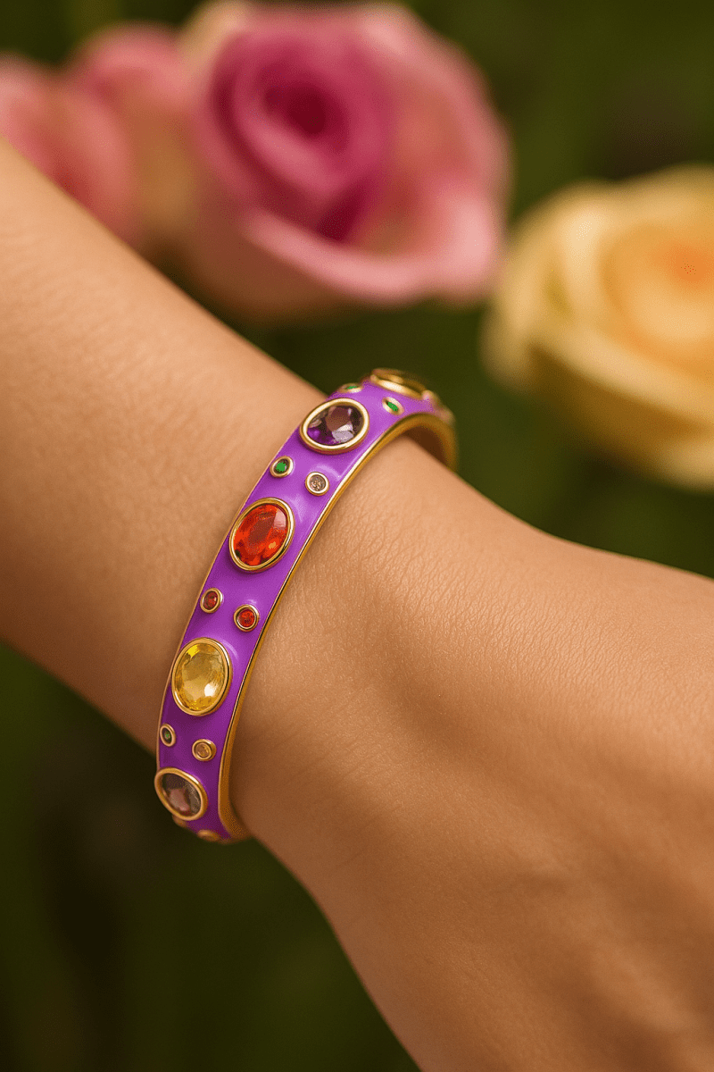 Multi CZ Pink Enamel Bracelet Open Cuff Bracelet Gold Plated Bangle