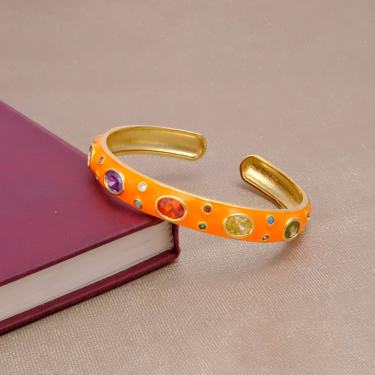 Multi CZ Pink Enamel Bracelet Open Cuff Bracelet Gold Plated Bangle