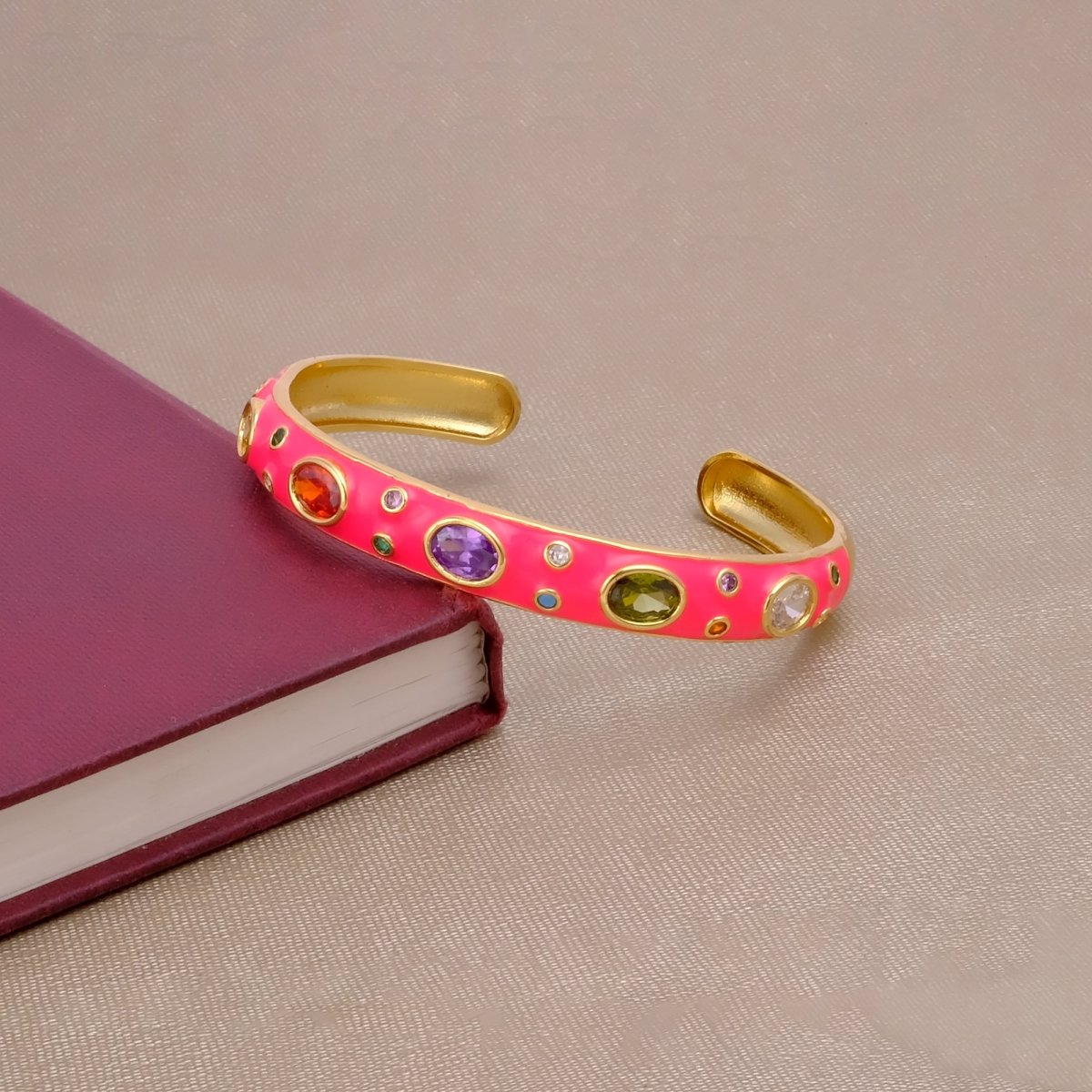 Multi CZ Pink Enamel Bracelet Open Cuff Bracelet Gold Plated Bangle