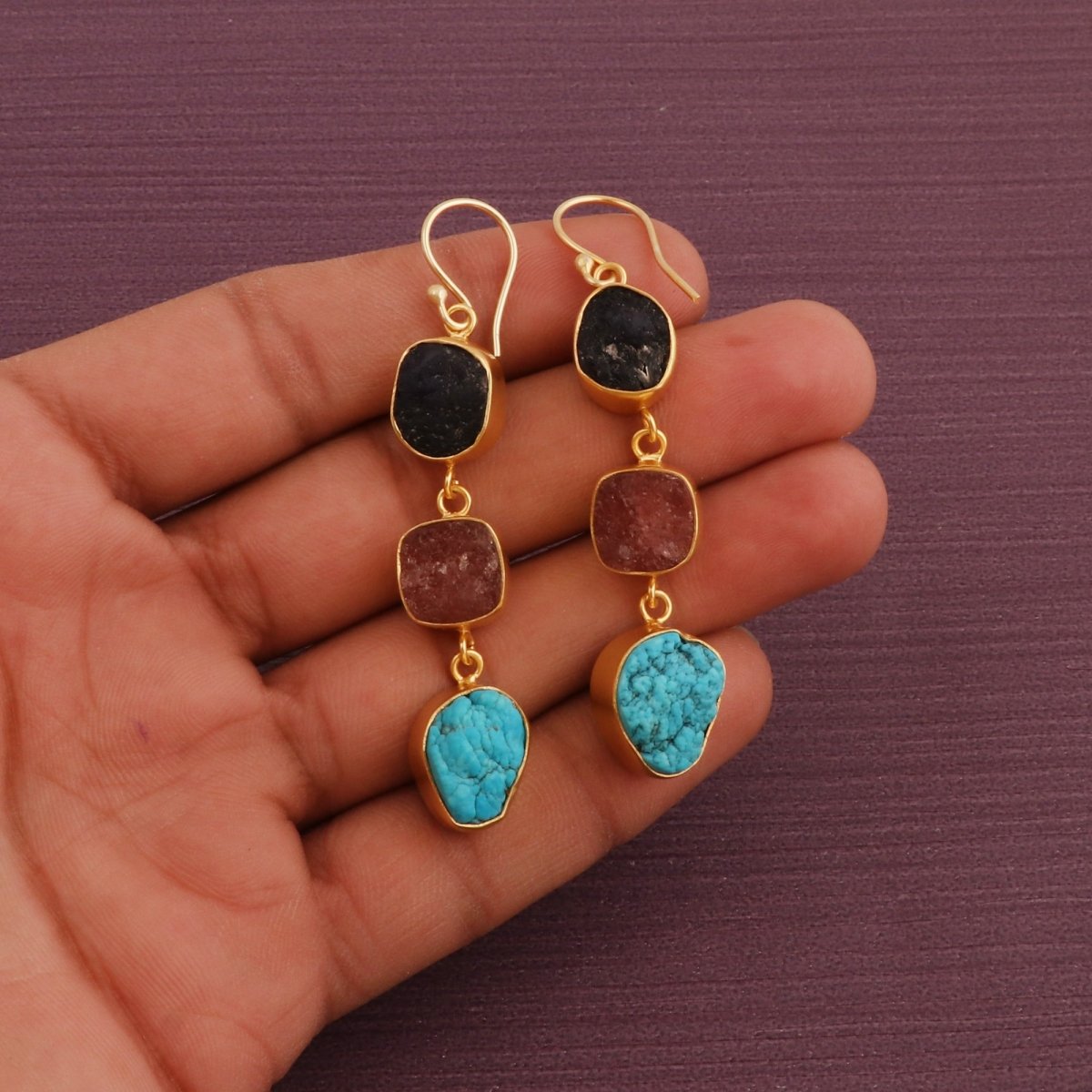 Multi Gemstone Dangle Earrings for Women, Raw Gemstone Handmade Jewelry 5284