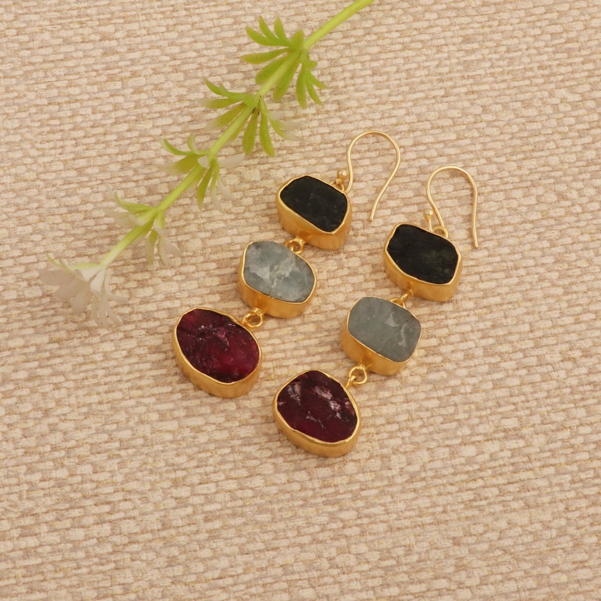 Multi Gemstone Dangle Earrings for Women, Raw Gemstone Handmade Jewelry 5284