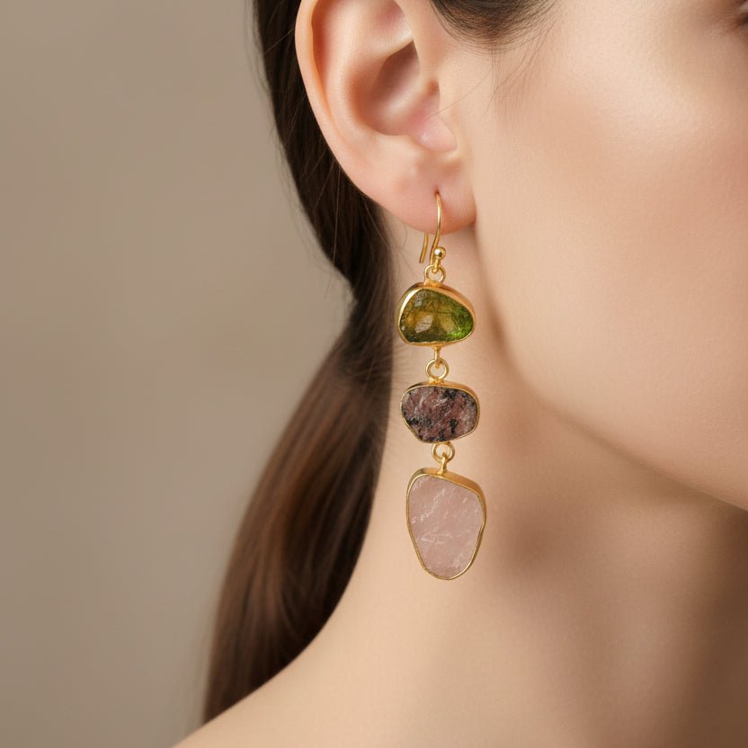 Multi Gemstone Dangle Earrings for Women, Raw Gemstone Handmade Jewelry 5284