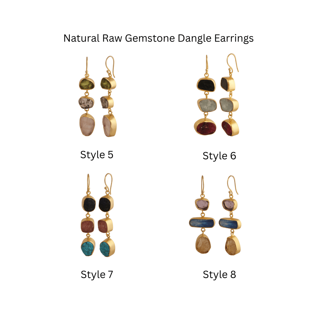Multi Gemstone Dangle Earrings for Women, Raw Gemstone Handmade Jewelry 5284