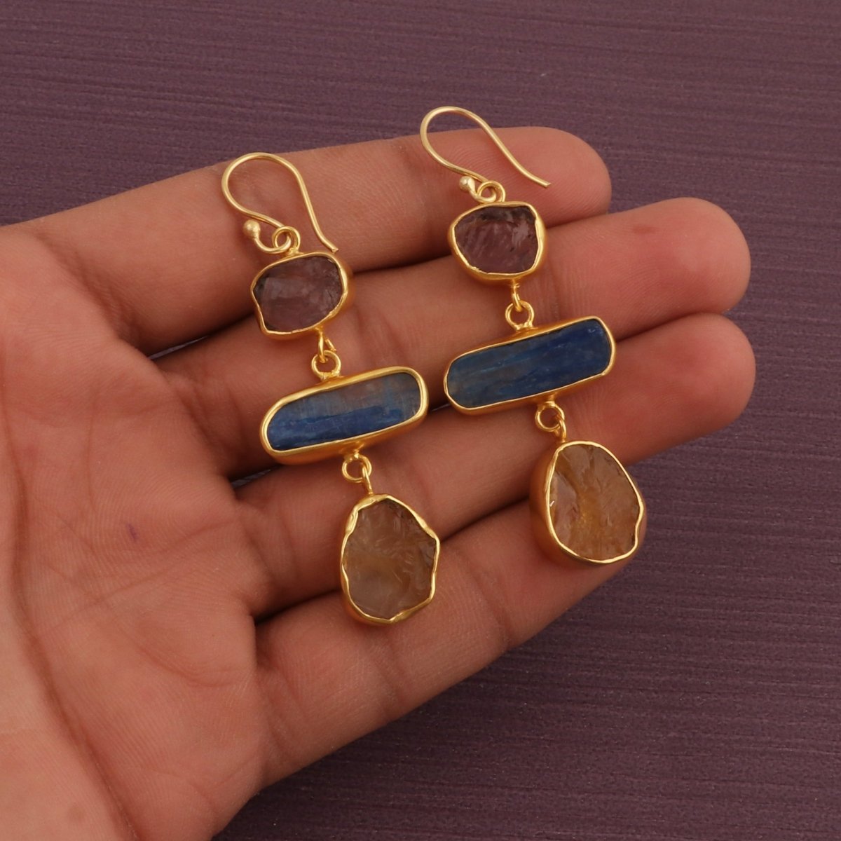 Multi Gemstone Dangle Earrings for Women, Raw Gemstone Handmade Jewelry 5284
