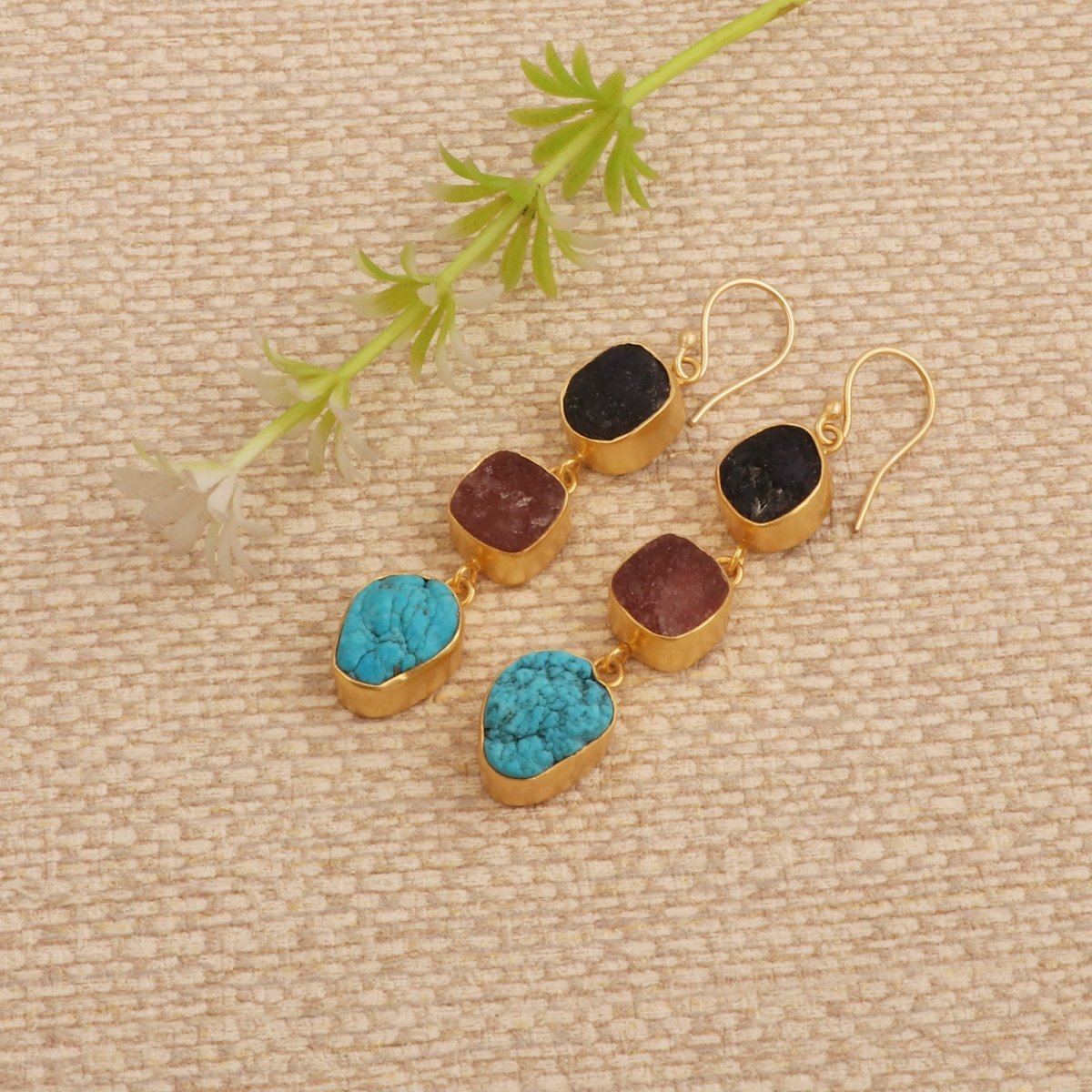 Multi Gemstone Dangle Earrings for Women, Raw Gemstone Handmade Jewelry 5284