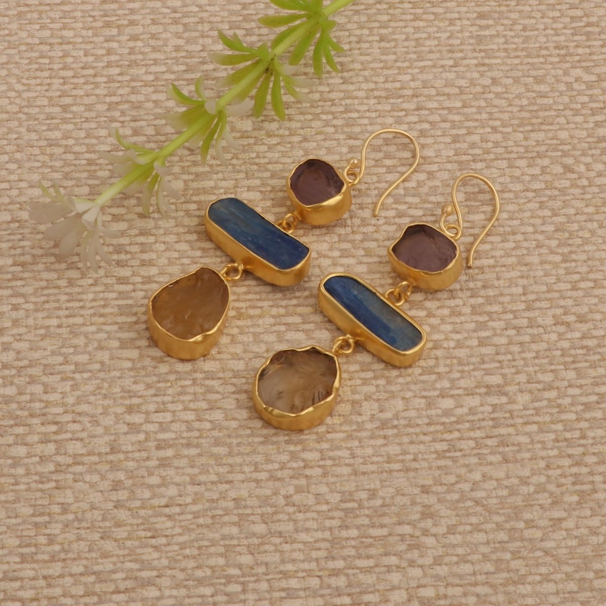 Multi Gemstone Dangle Earrings for Women, Raw Gemstone Handmade Jewelry 5284