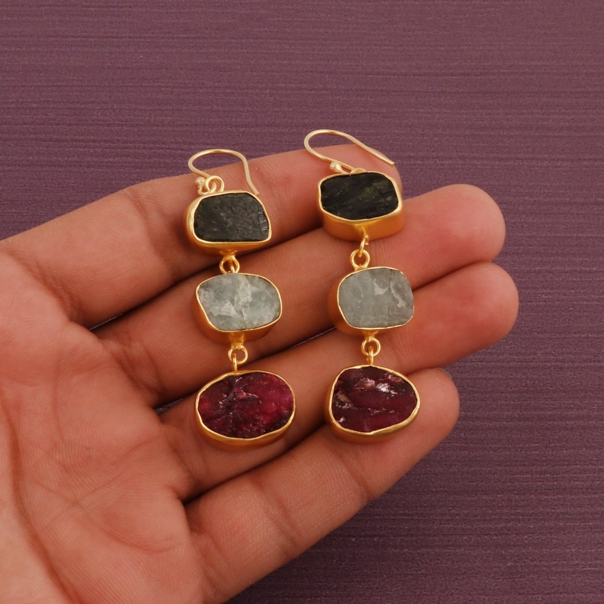 Multi Gemstone Dangle Earrings for Women, Raw Gemstone Handmade Jewelry 5284