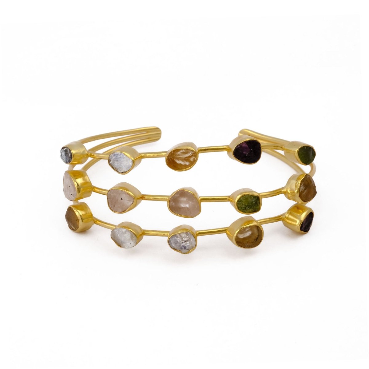 Multi - Gemstone Triple Strand Cuff, Gold Plated Brass Open Bangle 3501