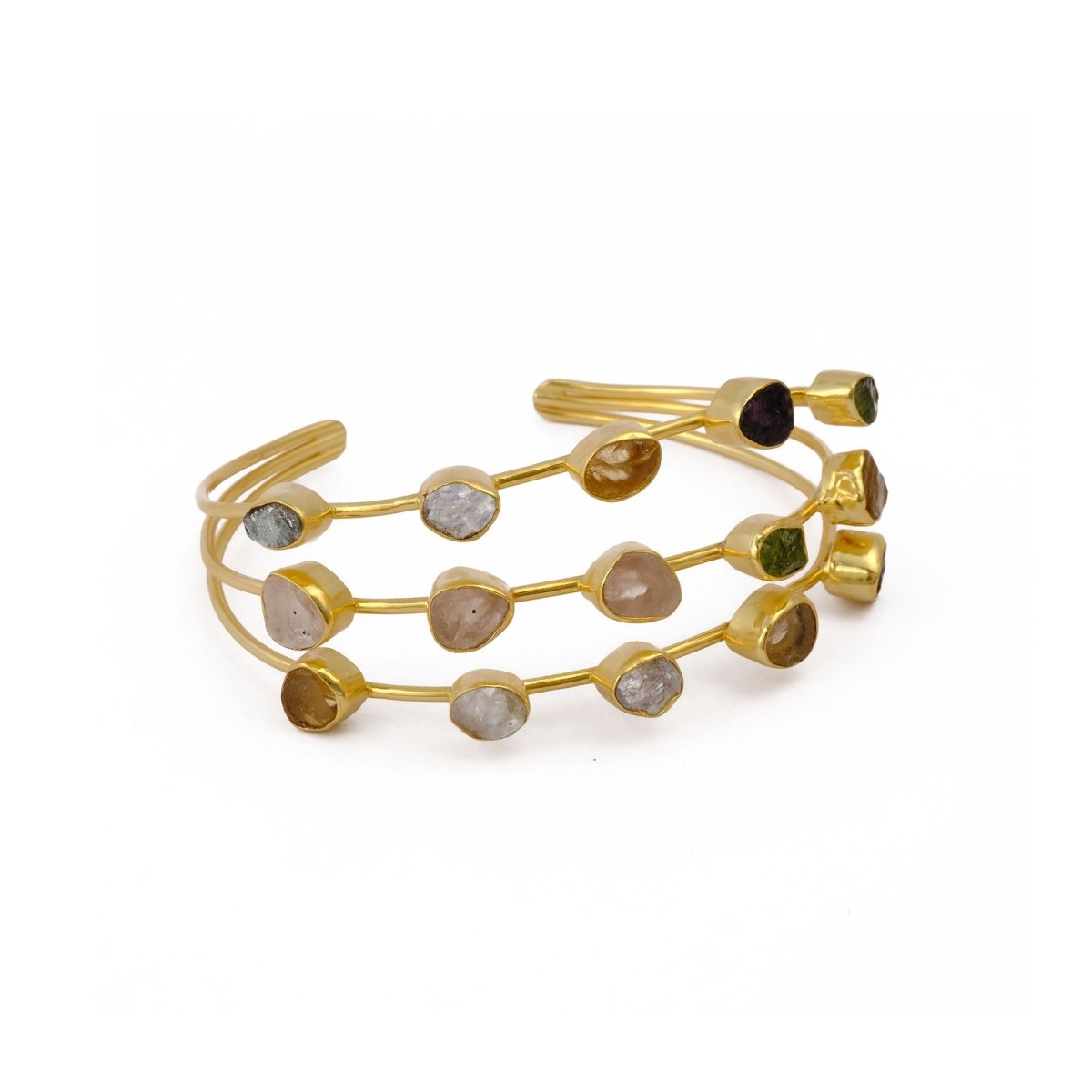 Multi - Gemstone Triple Strand Cuff, Gold Plated Brass Open Bangle 3501